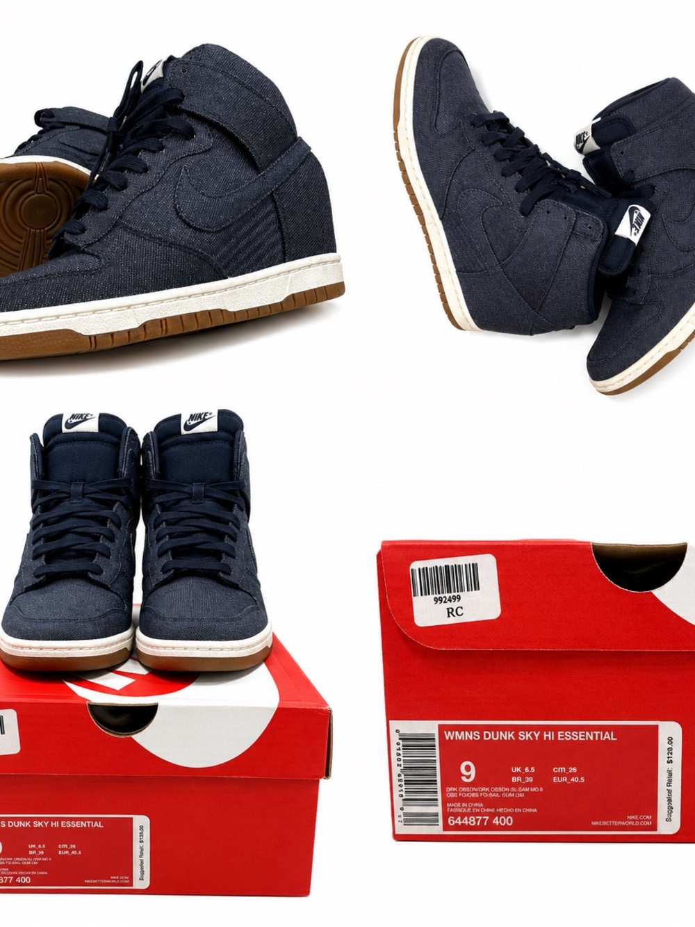 Nike Women's Dunk Sky Hi Essential Navy Denim Wedge Sneakers with Gum Sole